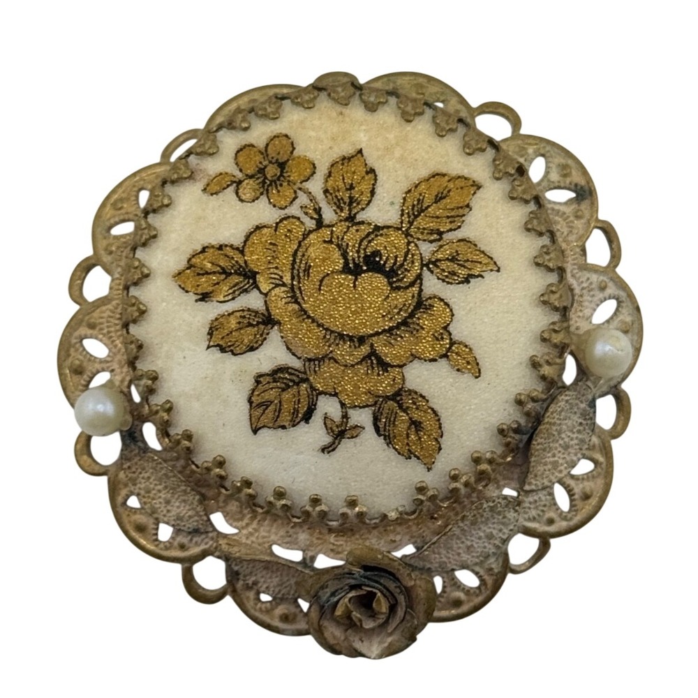 Vintage West‎ Germany Sugared Rose Flower Faux Pearl Brooch